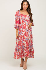 Red Floral 3/4 Sleeve Maternity Midi Dress