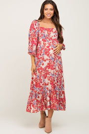 Red Floral 3/4 Sleeve Maternity Midi Dress