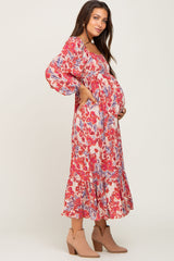 Red Floral 3/4 Sleeve Maternity Midi Dress