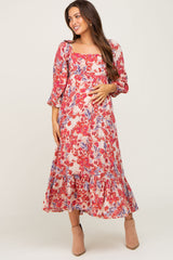 Red Floral 3/4 Sleeve Maternity Midi Dress