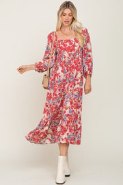 Red Floral 3/4 Sleeve Midi Dress