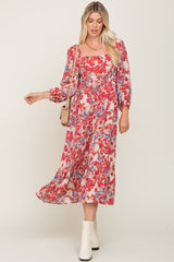 Red Floral 3/4 Sleeve Maternity Midi Dress