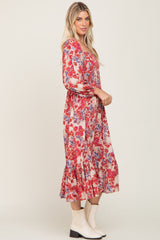 Red Floral 3/4 Sleeve Midi Dress