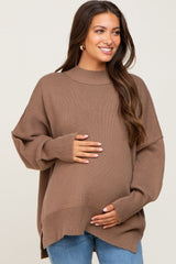 Mocha Mock Neck Exposed Seam Maternity Sweater