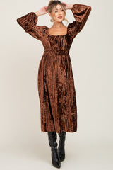 Brown Velvet Pleated Maternity Midi Dress