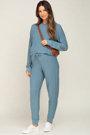 Blue Soft Knit Long Sleeve Maternity Set