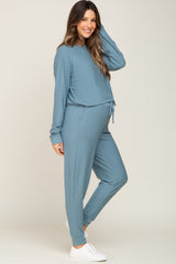 Blue Soft Knit Long Sleeve Maternity Set