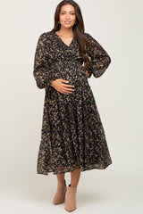 Black Floral Chiffon Ruffle Accent Maternity Midi Dress