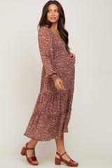 Floral Burgundy Ruffle Accent Maternity Midi Dress