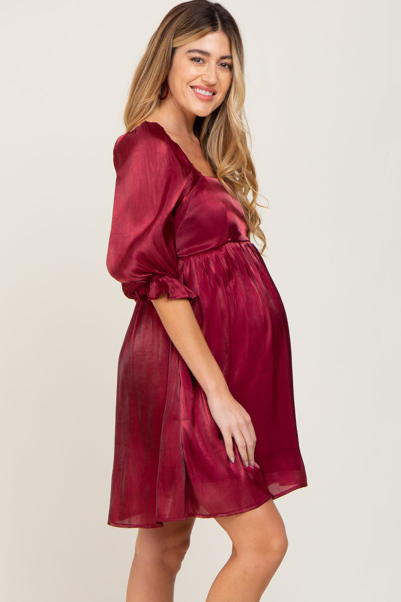Burgundy Satin Shimmer Puff Sleeve Maternity Dress– PinkBlush
