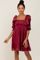 Burgundy Satin Shimmer Puff Sleeve Dress