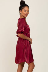 Burgundy Satin Shimmer Puff Sleeve Dress