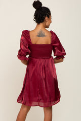 Burgundy Satin Shimmer Puff Sleeve Dress