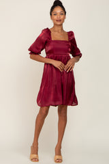 Burgundy Satin Shimmer Puff Sleeve Dress