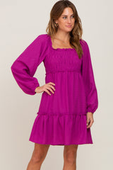 Magenta Textured Shirred Long Sleeve Maternity Dress