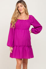 Magenta Textured Shirred Long Sleeve Maternity Dress