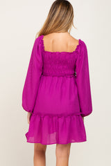 Magenta Textured Shirred Long Sleeve Maternity Dress