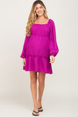 Magenta Textured Shirred Long Sleeve Maternity Dress