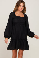 Black Textured Shirred Long Sleeve Maternity Dress