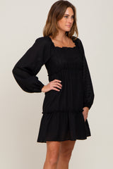 Black Textured Shirred Long Sleeve Dress