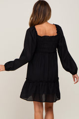 Black Textured Shirred Long Sleeve Dress