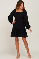 Black Textured Shirred Long Sleeve Dress