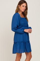 Royal Blue Textured Shirred Long Sleeve Dress