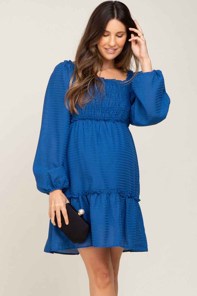 Royal Blue Textured Shirred Long Sleeve Maternity Dress – PinkBlush