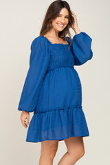 Royal Blue Textured Shirred Long Sleeve Maternity Dress