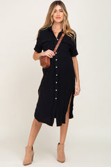 Black Fringe Button Down Maternity Midi Dress