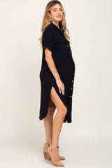 Black Fringe Button Down Maternity Midi Dress