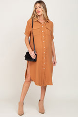 Camel Fringe Button Down Maternity Midi Dress