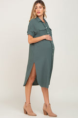 Olive Fringe Button Down Maternity Midi Dress