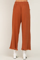 Rust Linen Frayed Hem Crop Pants