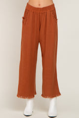 Rust Linen Frayed Hem Crop Pants