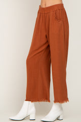 Rust Linen Frayed Hem Crop Pants