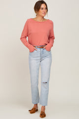 Salmon Distressed Seam Long Sleeve Top