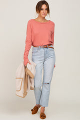 Salmon Distressed Seam Long Sleeve Top