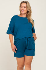 Teal Pocket Front Maternity Plus Pajama Short Set