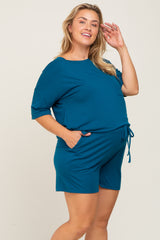 Teal Pocket Front Maternity Plus Pajama Short Set