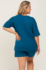 Teal Pocket Front Maternity Plus Pajama Short Set