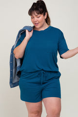 Teal Pocket Front Maternity Plus Pajama Short Set