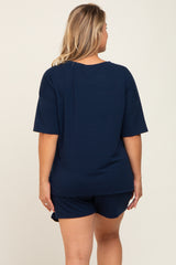 Navy Pocket Front Maternity Plus Pajama Short Set