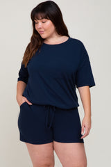 Navy Pocket Front Maternity Plus Pajama Short Set