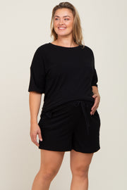 Black Pocket Front Maternity Plus Pajama Short Set