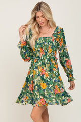 Green Floral Chiffon Ruffle Dress