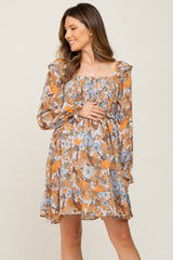 Taupe Floral Chiffon Ruffle Maternity Dress