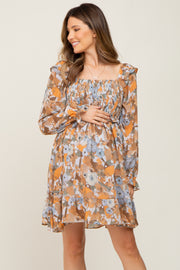 Taupe Floral Chiffon Ruffle Maternity Dress