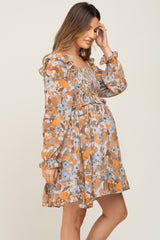 Taupe Floral Chiffon Ruffle Maternity Dress