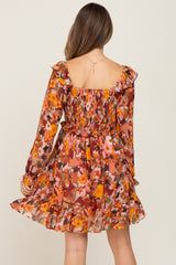 Rust Floral Chiffon Ruffle Maternity Dress